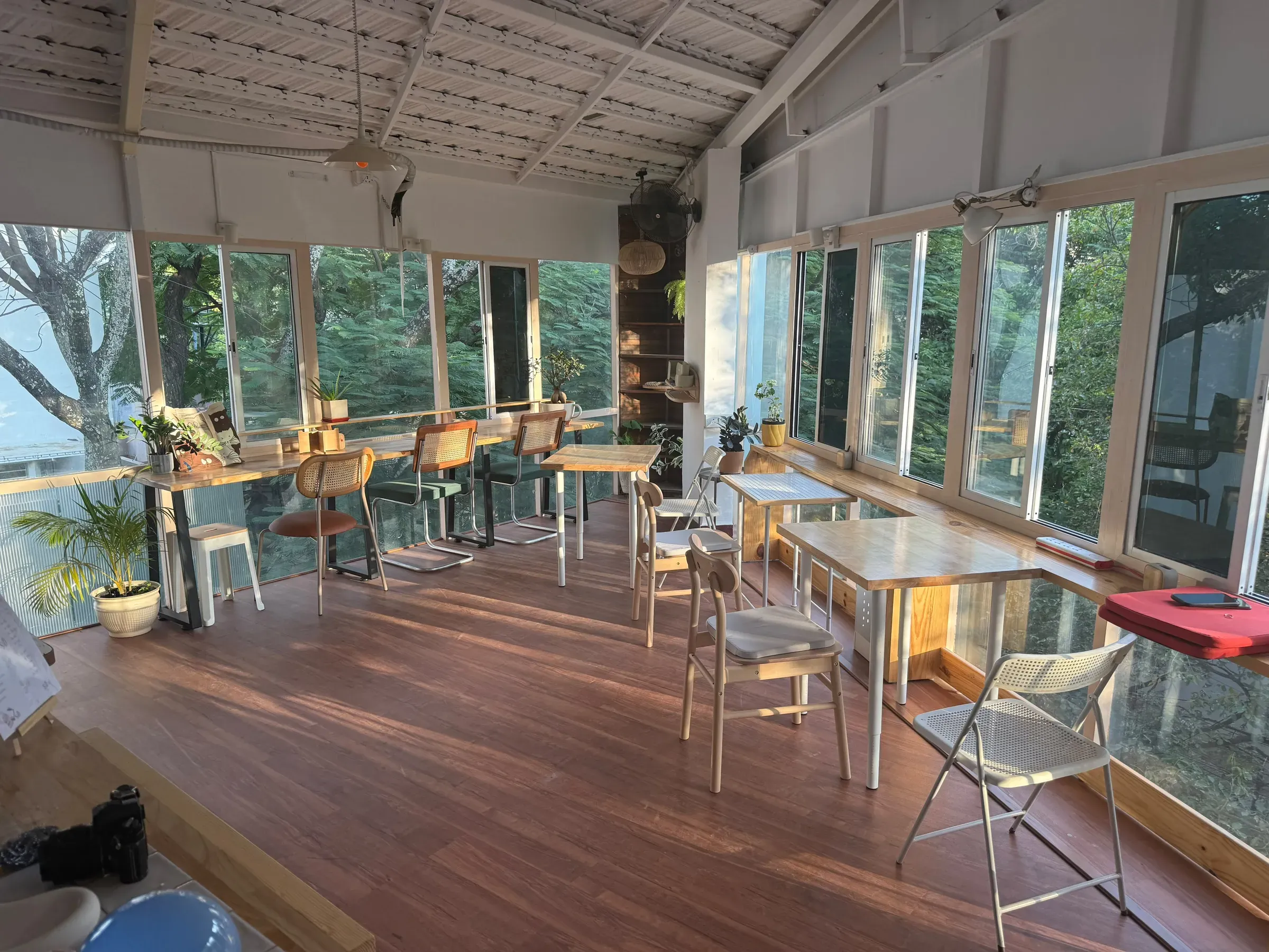 The Phyl.SPACE glass room in late sun: rattan chairs along the windows and trees on every side